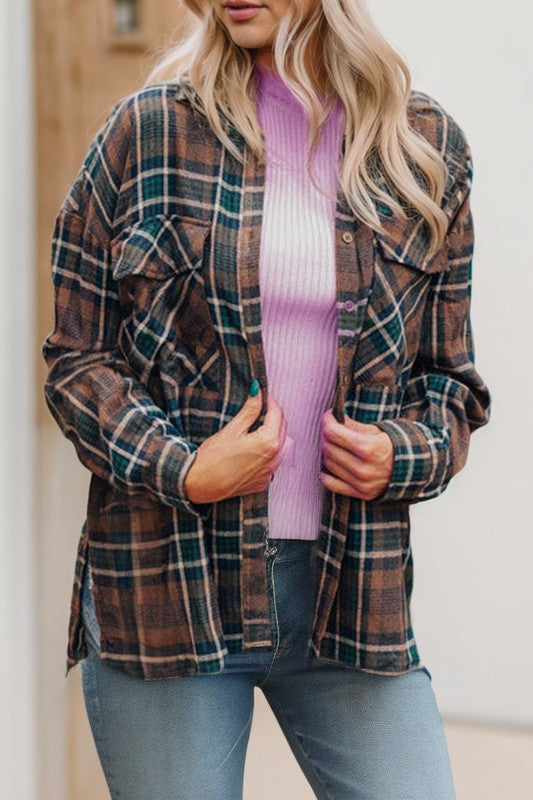 Women Plaid Print Chest Pockets Buttoned Shacket | Zarnesh