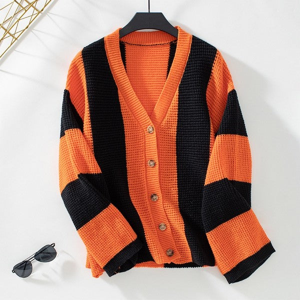 Women Color Block Striped Knit Cardigan | Zarnesh