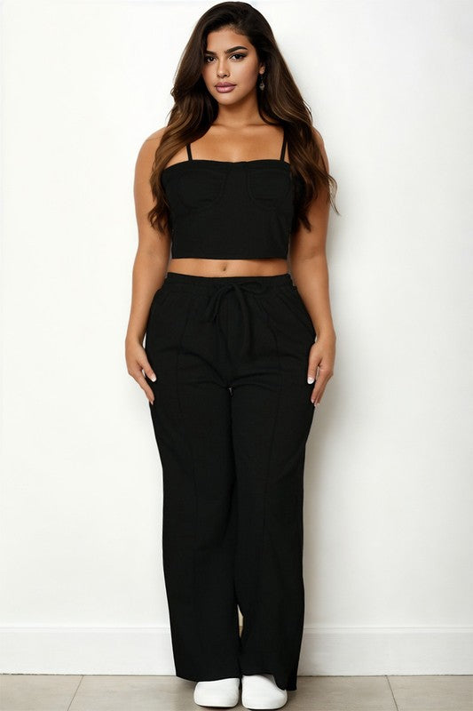 Women Plus Bustier Crop Cami Top Slant Pocket Straight Pants Zarnesh