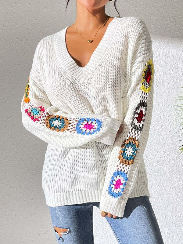 Women V Neck Crochet Sleeve Sweater | Zarnesh