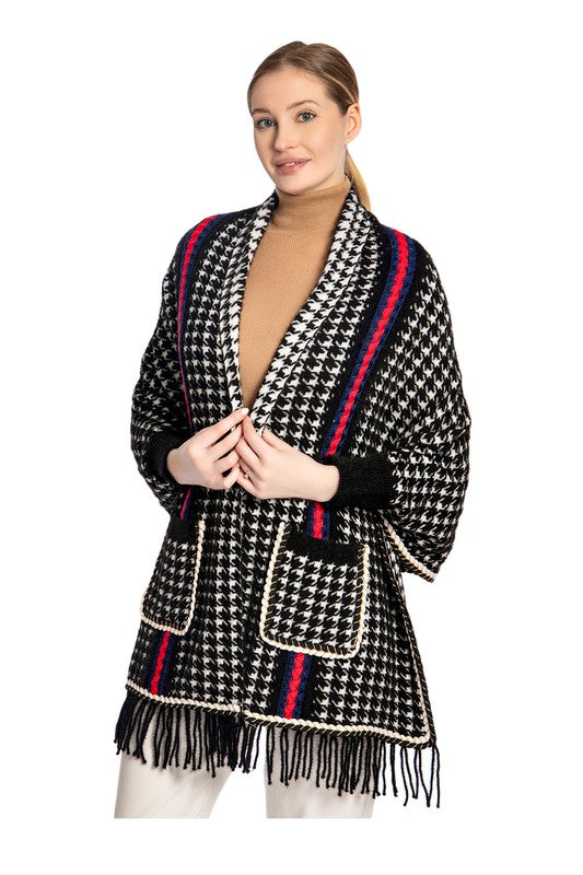 Women Houndstooth Sleeve Poncho with Pocket Fringe| Zarnesh