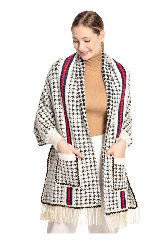 Women Houndstooth Sleeve Poncho with Pocket Fringe| Zarnesh