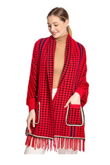 Women Houndstooth Sleeve Poncho with Pocket Fringe| Zarnesh