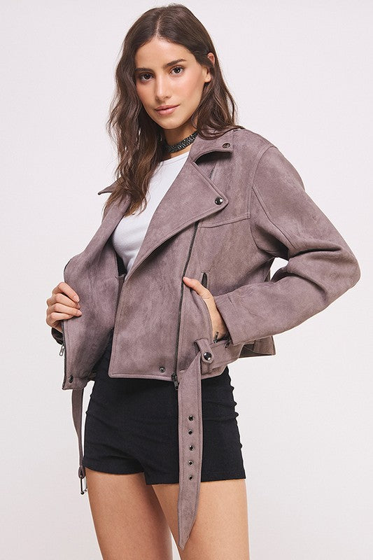 Women Belted Long Sleeve Zippered Suede MOTO Jacket | Zarnesh