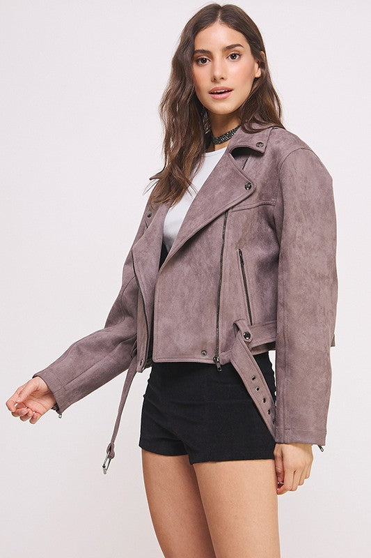 Women Belted Long Sleeve Zippered Suede MOTO Jacket | Zarnesh