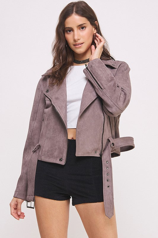 Women Belted Long Sleeve Zippered Suede MOTO Jacket | Zarnesh