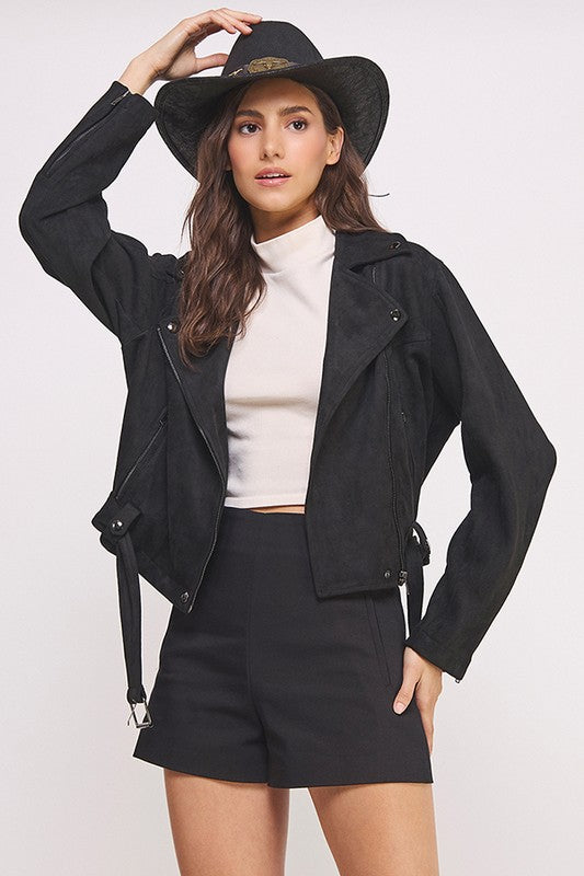 Women Belted Long Sleeve Zippered Suede MOTO Jacket | Zarnesh