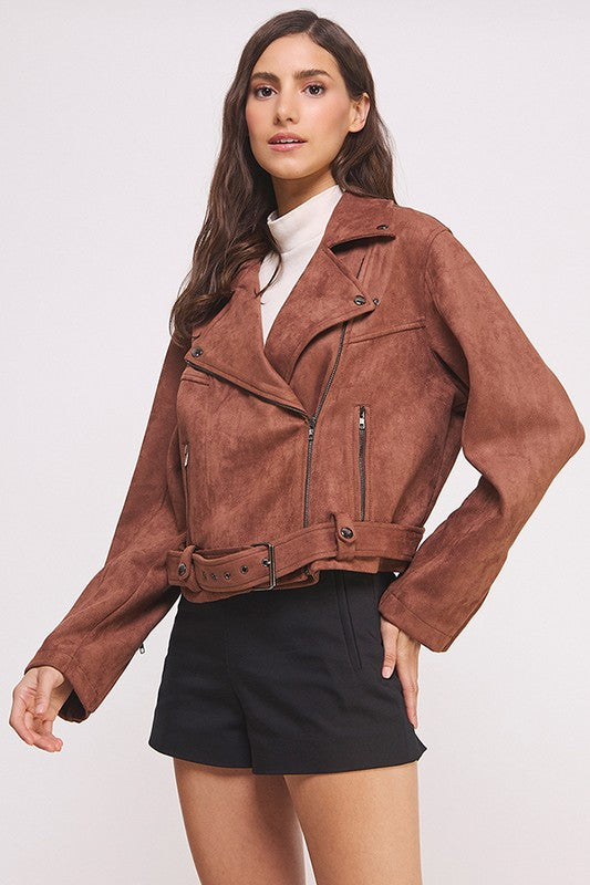 Women Belted Long Sleeve Zippered Suede MOTO Jacket | Zarnesh