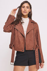 Women Belted Long Sleeve Zippered Suede MOTO Jacket | Zarnesh