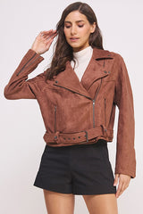 Women Belted Long Sleeve Zippered Suede MOTO Jacket | Zarnesh