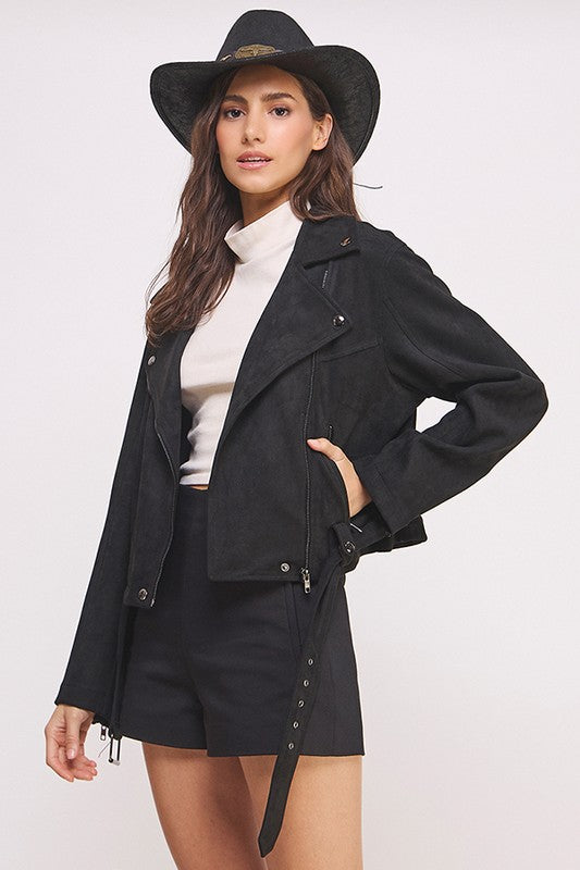 Women Belted Long Sleeve Zippered Suede MOTO Jacket | Zarnesh