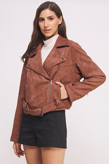 Women Belted Long Sleeve Zippered Suede MOTO Jacket | Zarnesh