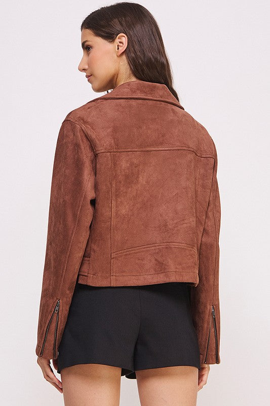 Women Belted Long Sleeve Zippered Suede MOTO Jacket | Zarnesh