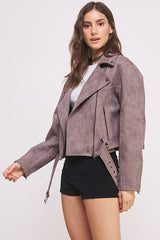 Women Plus Belted Long Sleeve Zippered Suede MOTO Jacket | Zarnesh