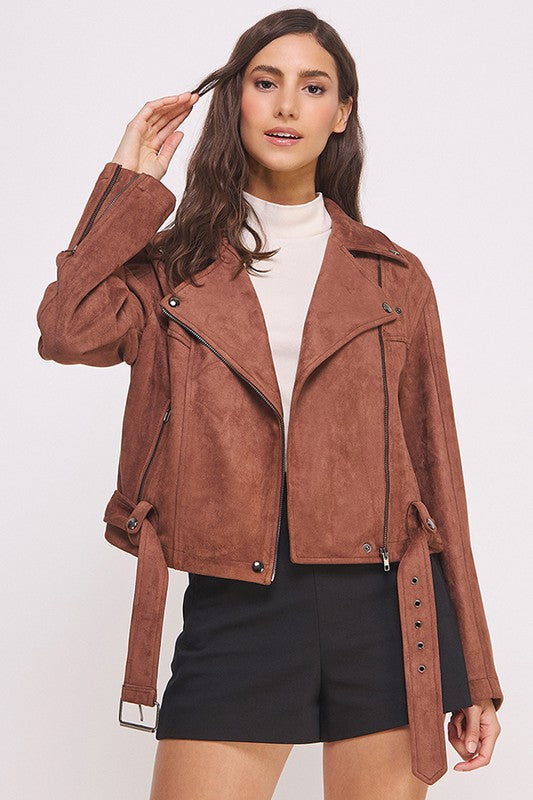 Women Plus Belted Long Sleeve Zippered Suede MOTO Jacket | Zarnesh