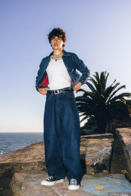 Men Cotton Denim Relaxed Belt Loops Wide Leg Baggy Fit Jeans Zarnesh