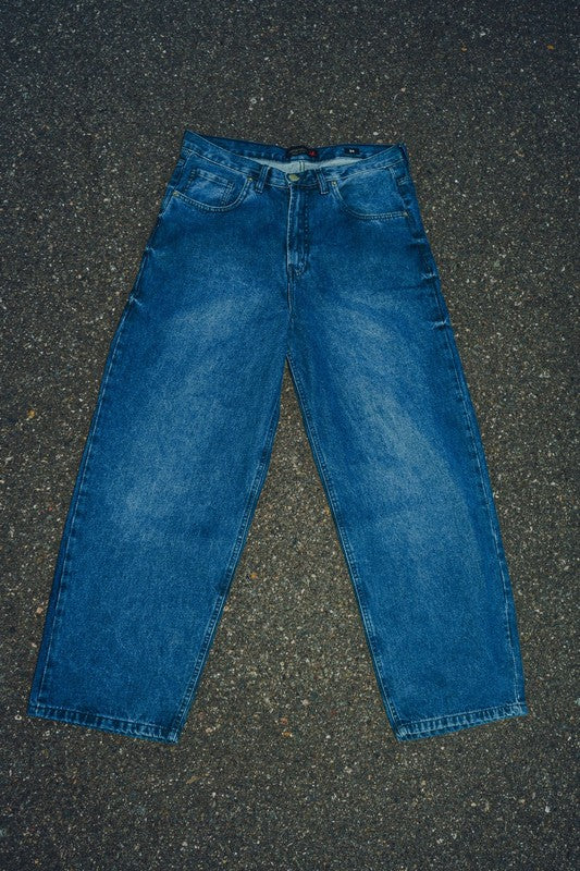Men Cotton Denim Relaxed Belt Loops Wide Leg Baggy Fit Jeans Zarnesh