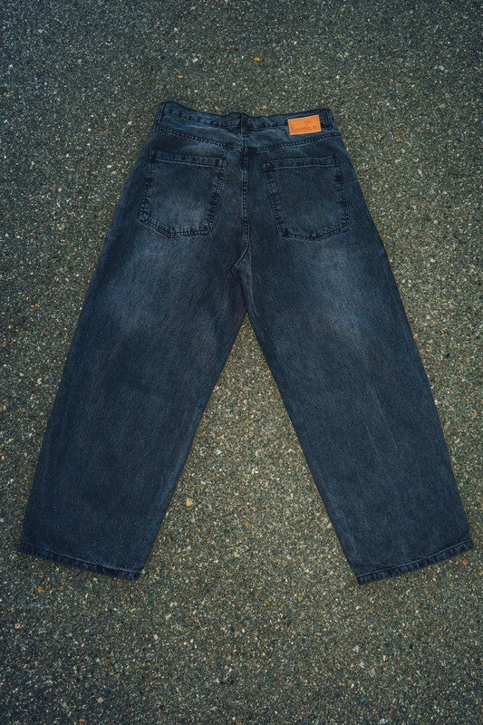 Men Cotton Denim Relaxed Belt Loops Wide Leg Baggy Fit Jeans Zarnesh