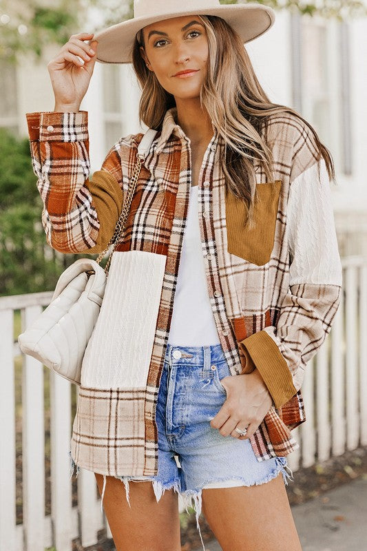 Women Plaid Color Block Patchwork Pocket Shirt Shacket | Zarnesh