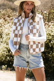 Women Checkered Sherpa Zipper Closure Collared Jacket Vest Zarnesh