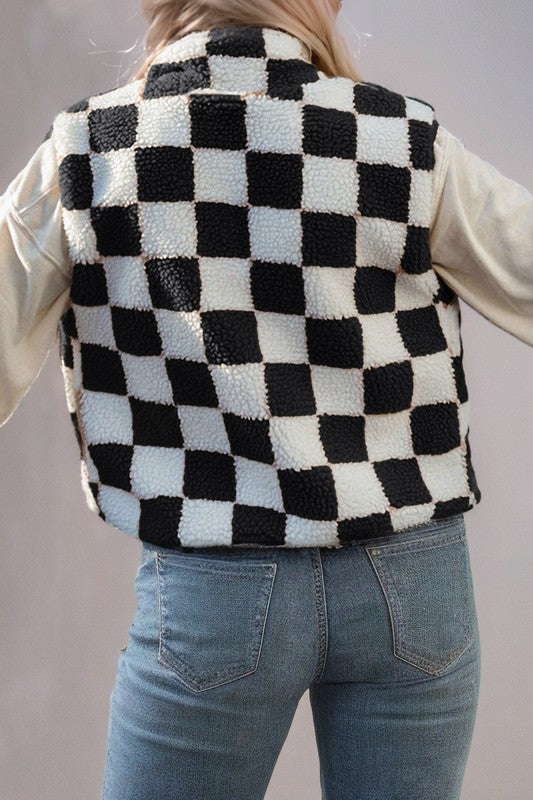 Women Checkered Sherpa Collared Jacket Vest | Zarnesh