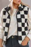 Women Checkered Sherpa Zipper Closure Collared Jacket Vest Zarnesh