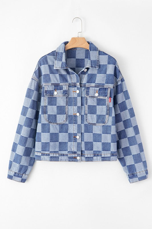 Women Checkered Patchwork Button Up Denim Jacket | Zarnesh