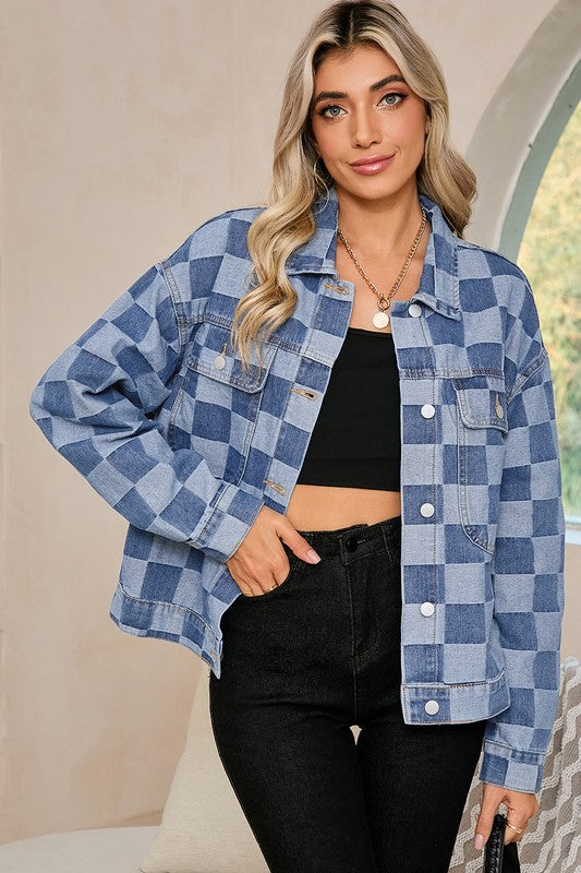 Women Checkered Patchwork Button Up Denim Jacket | Zarnesh