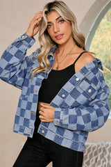 Women Checkered Patchwork Button Up Denim Jacket | Zarnesh