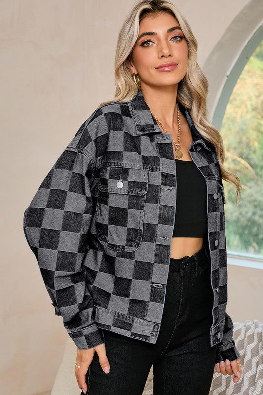 Women Checkered Patchwork Button Up Denim Jacket | Zarnesh