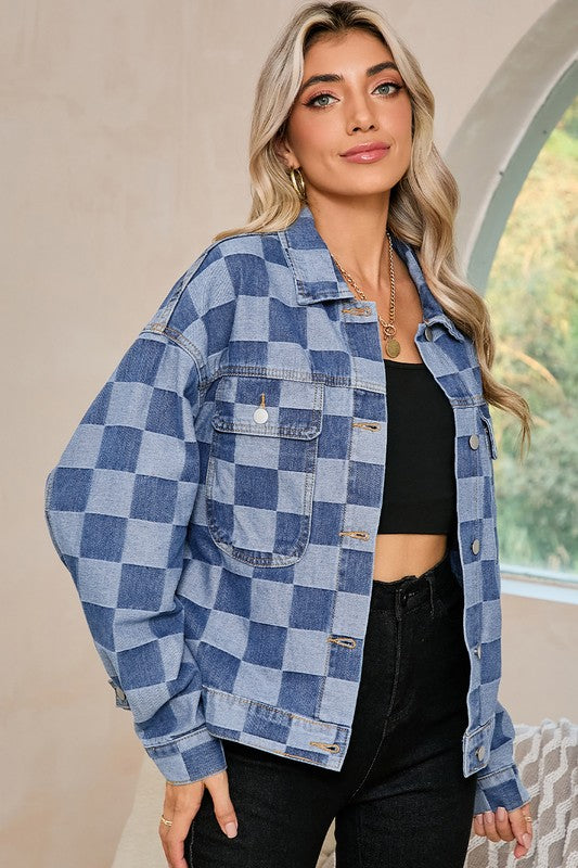 Women Checkered Patchwork Button Up Denim Jacket | Zarnesh