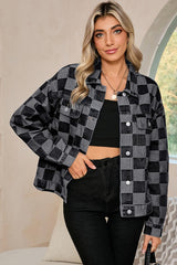 Women Checkered Patchwork Button Up Denim Jacket | Zarnesh