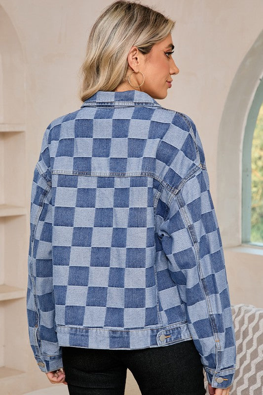 Women Checkered Patchwork Button Up Denim Jacket | Zarnesh