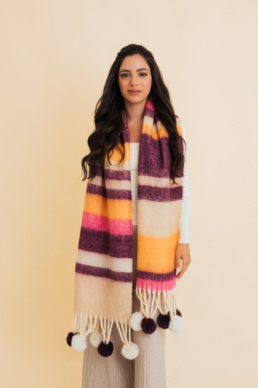 Women Contrast Color Stripes Chunky Pom Tassel Scarf | Zarnesh