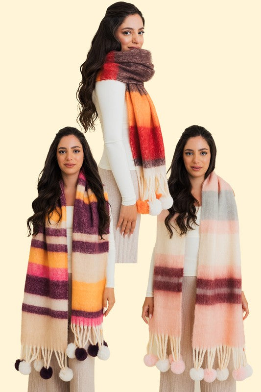 Women Contrast Color Stripes Chunky Pom Tassel Scarf | Zarnesh