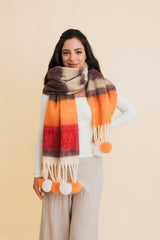 Women Contrast Color Stripes Chunky Pom Tassel Scarf | Zarnesh