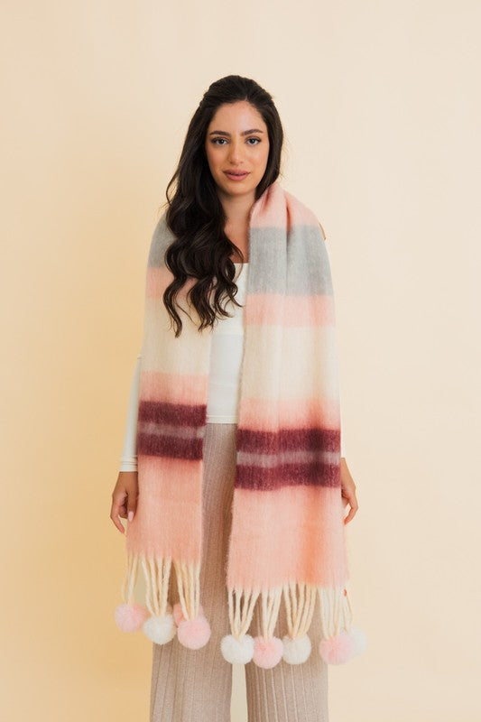 Women Contrast Color Stripes Chunky Pom Tassel Scarf | Zarnesh