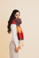 Women Contrast Color Stripes Chunky Pom Tassel Scarf | Zarnesh