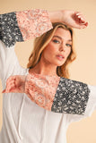 Women Floral Patchwork V Neck Drop Sleeve Drawstring Top Zarnesh