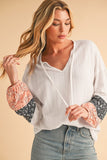 Women Floral Patchwork V Neck Drop Sleeve Drawstring Top Zarnesh