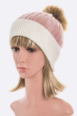 Women’s Raccoon Fur PomPom 2 Tone Beanie | Zarnesh