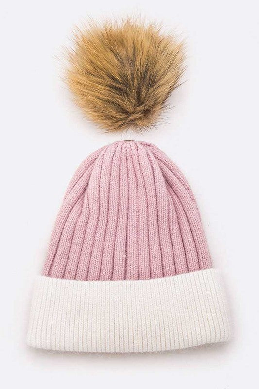 Women’s Raccoon Fur PomPom 2 Tone Beanie | Zarnesh