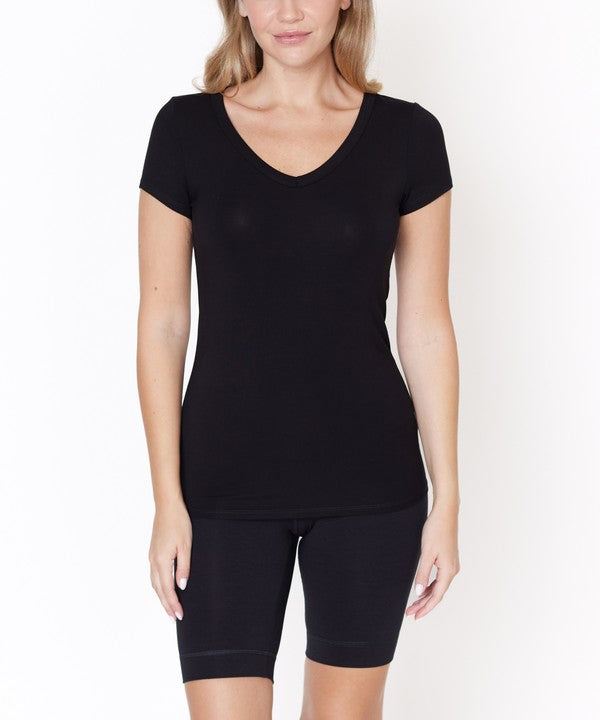 Women Bamboo V Neck Short Sleeve Hip Length Fitted Top Zarnesh