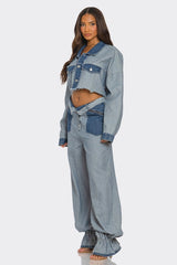 Women Cropped Contrast Denim Set | Zarnesh