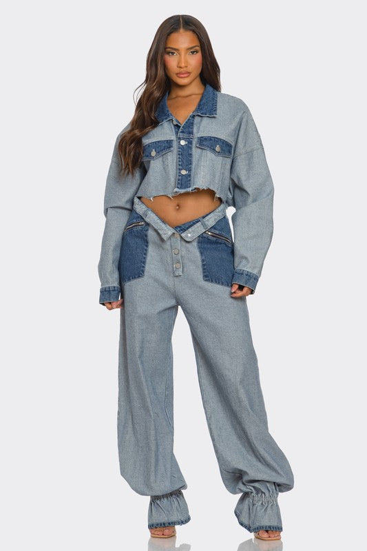 Women Cropped Contrast Denim Set | Zarnesh