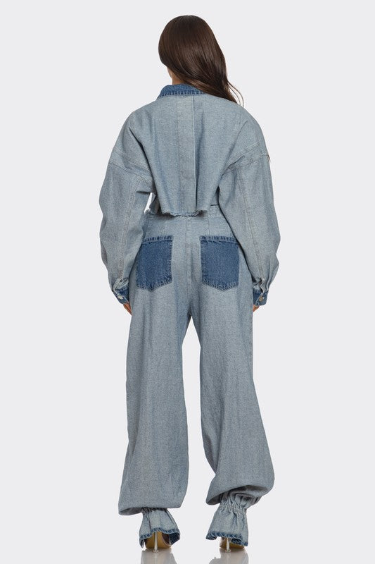 Women Cropped Contrast Denim Set | Zarnesh