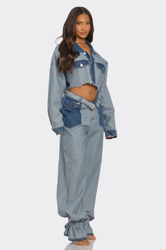 Women Cropped Contrast Denim Set | Zarnesh