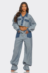 Women Cropped Contrast Denim Set | Zarnesh