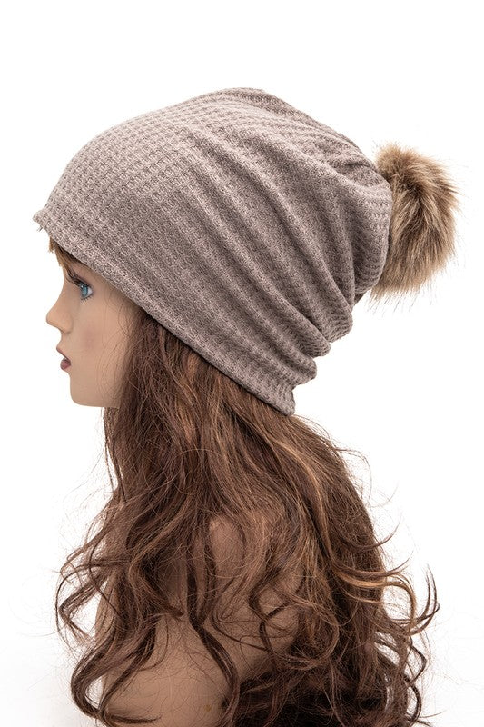 Women’s Faux Fur Pom Cotton Slouchy Beanie | Zarnesh