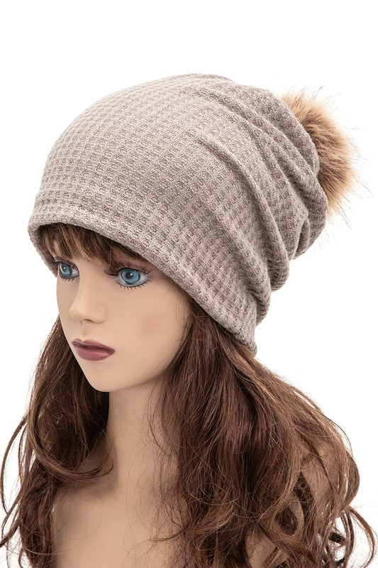 Women’s Faux Fur Pom Cotton Slouchy Beanie | Zarnesh